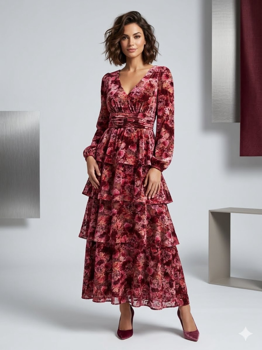 Lucy Paris Florentina Floral Tiered Maxi Dress Small Burgundy Pink NWT